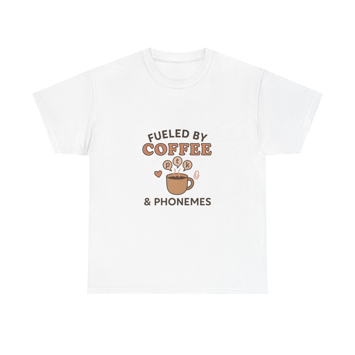 Fueled by Coffee and Phonemes T-Shirt – SLP Gift Tee for Speech Therapists | Speech Language Pathology Shirt | ASHA Grad Student Apparel