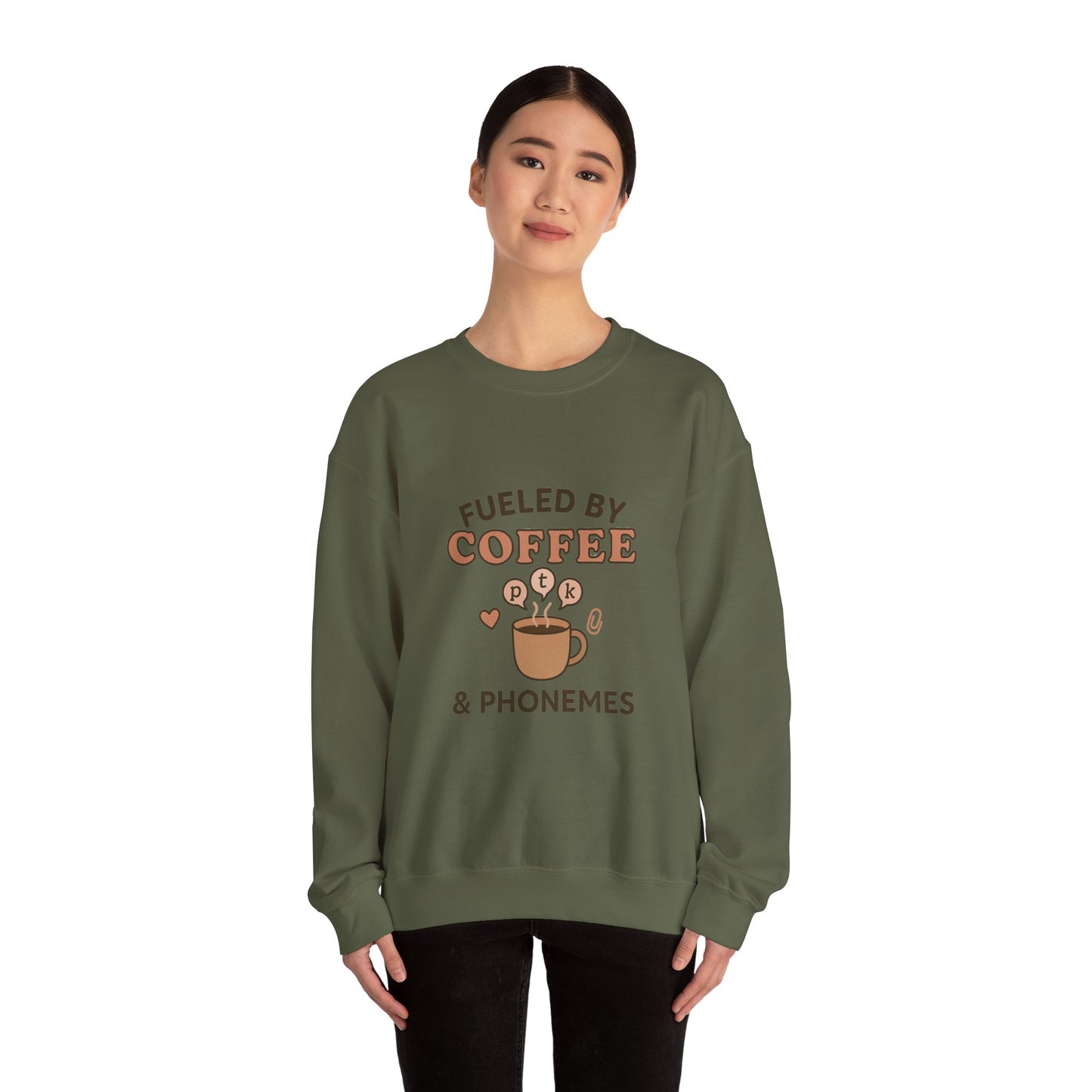 Fueled by Coffee and Phonemes Sweatshirt – Speech Therapist Crewneck | SLP Gift | Grad Student Apparel | Cozy ASHA Sweater for SLPs & SLPAs