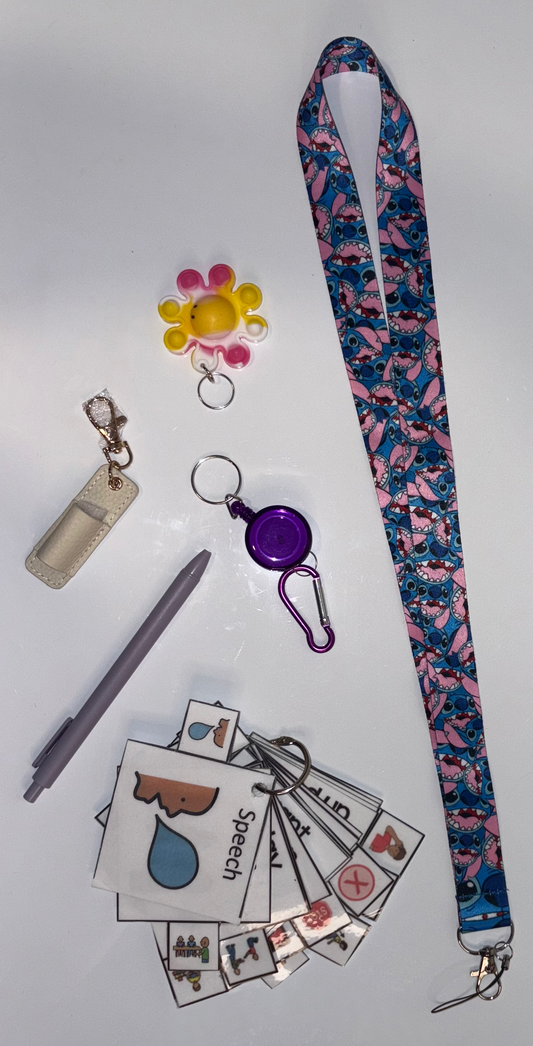 Lilo and Stitch Multimodal Communication Lanyard with Fidget and Pen (All about Stitch) – Sensory Support for Teachers, Therapists and Students with Autism