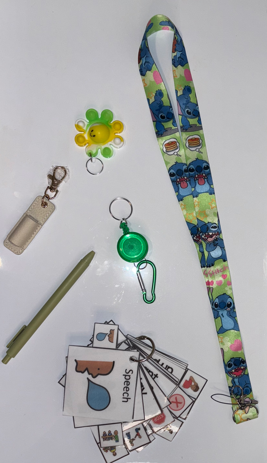 Lilo and Stitch Multimodal Communication Lanyard with Fidget and Pen (Stitch and Pancakes) – Sensory Support for Teachers, Therapists and Students with Autism