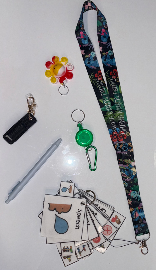 Lilo and Stitch Multimodal Communication Lanyard with Fidget and Pen (Ohana Means Family) – Sensory Support for Teachers, Therapists and Students with Autism