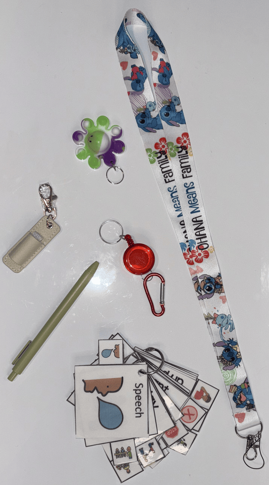 Lilo and Stitch Multimodal Communication Lanyard with Fidget and Pen (Ohana means family white) – Sensory Support for Teachers, Therapists and Students with Autism