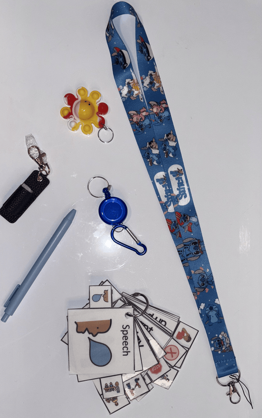 Lilo and Stitch Multimodal Communication Lanyard with Fidget and Pen (Dark Blue Stitch) – Sensory Support for Teachers, Therapists and Students with Autism