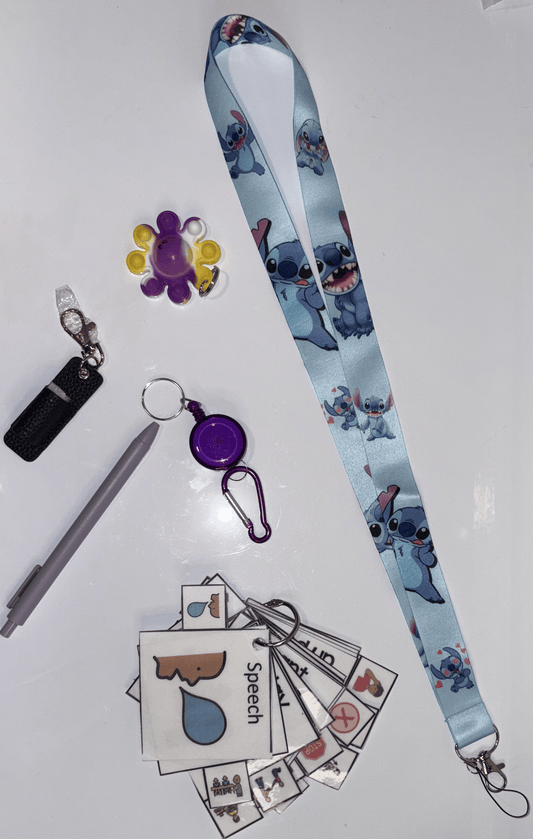 Lilo and Stitch Multimodal Communication Lanyard with Fidget and Pen (Ice Blue Stitch) – Sensory Support for Teachers, Therapists and Students with Autism